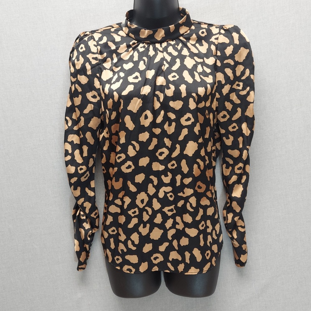 Womens M Animal Print Blouse Mock‎ Neck Ruched Sleeve Top Structured Office Chic